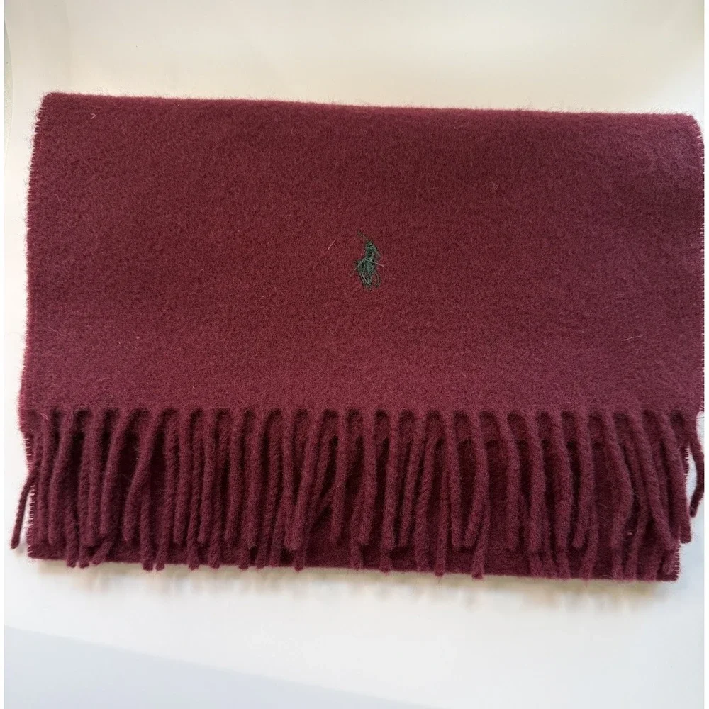 Polo Ralph Lauren Lambswool Scarf Burgundy Scotland Pony Logo Fringe 60x11.5
